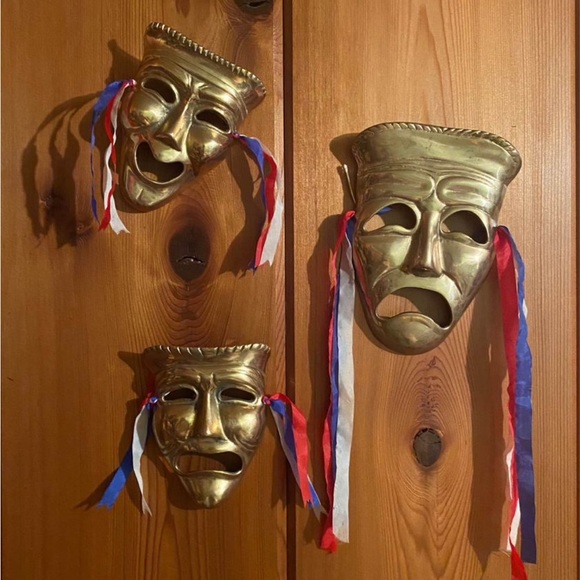 Tragic Comedy Brass Ribbon Mask Trio Wall Hanging Decor - Picture 1 of 4